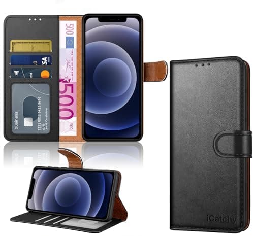 Image of iCatchy RFID Blocking Wallet Case for iPhone 12/12 Pro (6.1-inch) - Premium PU Leather Card Slots, Magnetic Closure & Kickstand - Full Body Protective Book Case for iPhone 12 Pro / 12 (Black)