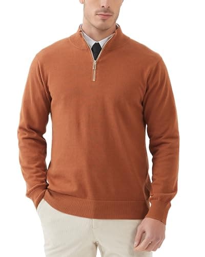 Image of Kallspin Men’s Cotton Quarter Zip Jumper Sweater Long Sleeve Casual Knit Pullover Knitwear(Caramel, M)