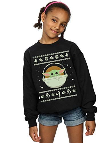 Image of Absolute Cult Star Wars Girls The Mandalorian The Child Christmas Sweatshirt Black 5-6 Years