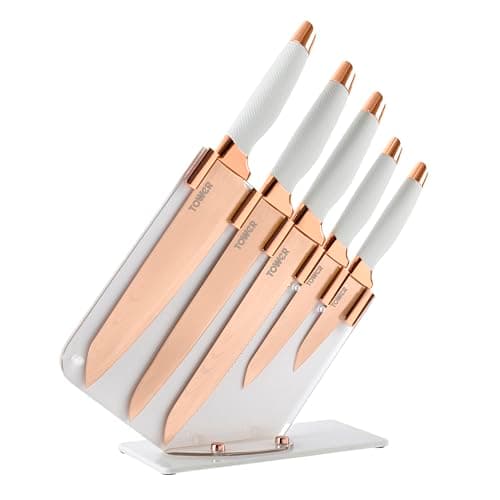 Image of Tower Damascus Effect 5 Piece Kitchen Knife Set with Stainless Steel Blades and Acrylic Stand, Rose Gold and White, T81532RW