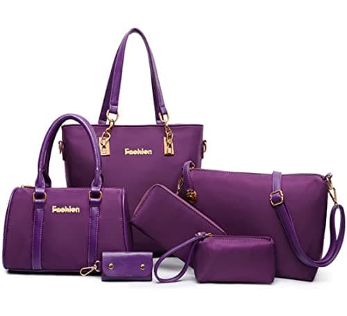 Image of FiveloveTwo Women Ladies 6 Pcs Handbag Set Hobo Top Handle Bag Totes Satchels Crossbody Shoulder Bags and Purse Clutch Purple