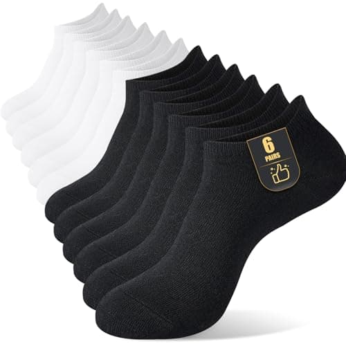 Image of SockWaddles 6 Pairs Cotton Trainer Socks Womens 3-5/6-8, Thin Breathable Ladies Ankle Socks Low Cut Summer Sock, Black & White