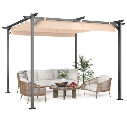 Image of Gazebo, Metal Pergola with Retractable Roof, bigzzia Large Gazebo With Sun Shade Canopy Waterproof And SPF 15 With PU Coated Features For Patio Garden Party BBQ (3x3M Cream)