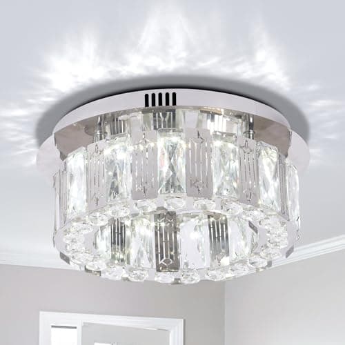 Image of xychfantligh 11.8" Crystal Round Chandelier LED Modern Ceiling Light Crystal Flush Mount Chandeliers for Bedroom Kitchen Hallway Dining Room (Cool White)