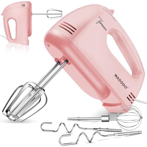 Image of WADODO Electric Hand Mixer, 7-Speeds Small Handheld Mixer with 5 * 304 Stainless Steel Whisk, Beaters, Dough Hooks Attachment, Portable Food KitchenMixer for Baking Cake Cookies Cream, Pink