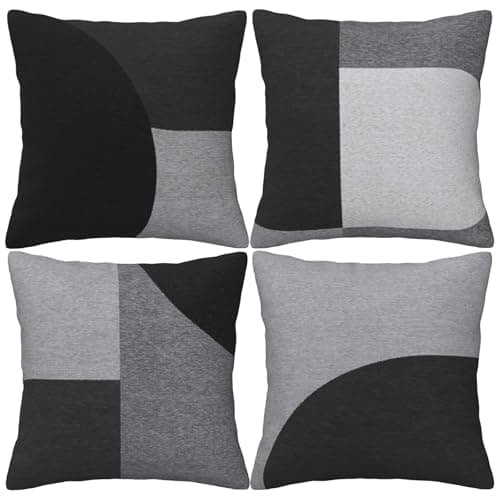 Image of LOHDALOLF Black and Grey Cushion Covers 45x45 cm Set of 4 Geometric Abstract Cushion Cases Square Decorative Pillow Covers for Sofa Living Room