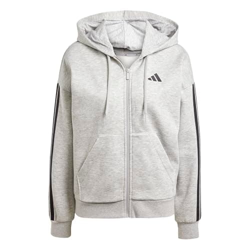 Image of adidas Women's ESSENTIALS 3-STRIPES FULL-ZIP FLEECE HOODIE, medium grey heather/black, L