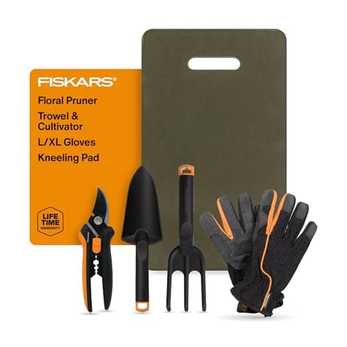 Image of Fiskars Flower Gardening Tool Set with Floral Pruner, Trowel, Cultivator, Garden Gloves, and Ultra-Light Kneeling Cushion for Outdoor Use (5 Piece Kit)