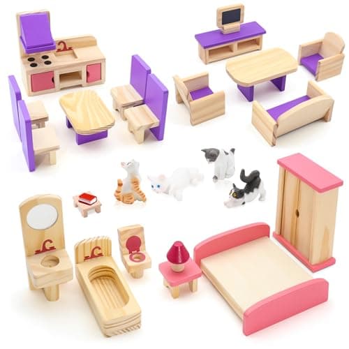 Image of 25PCS Wooden Doll House Furniture Set,Realistic Dollhouse Accessories with Bedroom,Living Room,Dining Room Accessories,Mini Cats for Pretend Play Educational Toys for Girls Boys Children Toddlers 3+