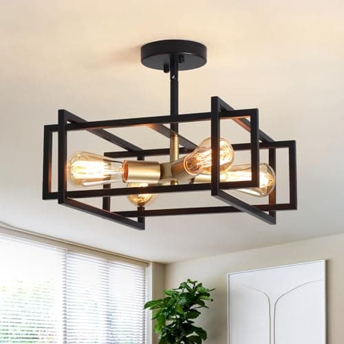 Image of LWYTJO Black Ceiling Light Living Room, 4 Lights Industrial Semi Flush Mount Ceiling Lights, Black and Gold Chandeliers Ceiling Light for Kitchen, Bedroom, Dining Room, Lounge, Hallway