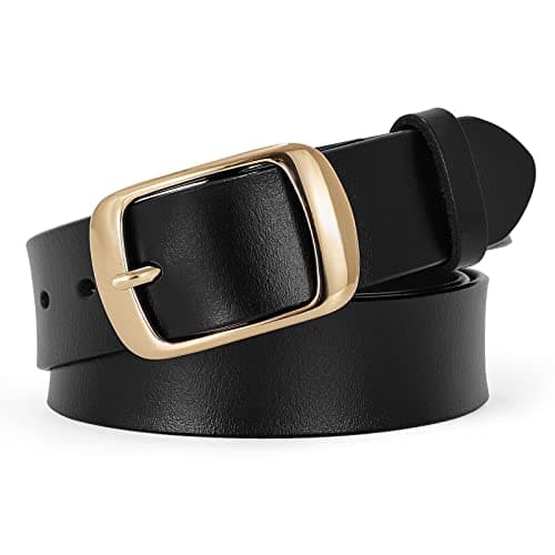 Image of SUOSDEY Fashion Womens Leather Belts for Jeans Pants with Metal Pin Buckle Ladies Retro Vintage Leather Waist Belt,Black Belt with Gold Buckle