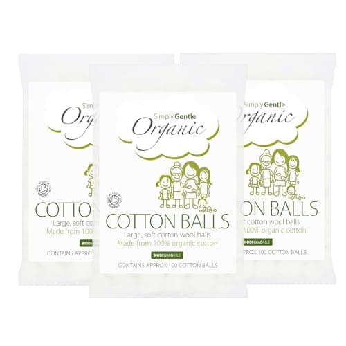 Image of Simply Gentle Organic Cotton Balls – Soft, Hypoallergenic & High Absorbency | 100% Pure Cotton for Baby Care, Makeup Removal & First Aid | Eco-Friendly, Ethically Sourced 100 Balls (Pack of 3)