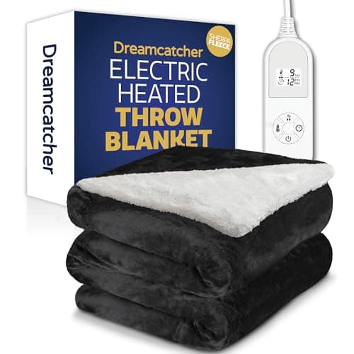Image of Dreamcatcher Black Heated Throw Electric Blanket, 160 x 120cm Heated Blanket Machine Washable Soft Micro Fleece & Sherpa Electric Throw Overblanket with 12HR Timer and 9x Control Heat Settings