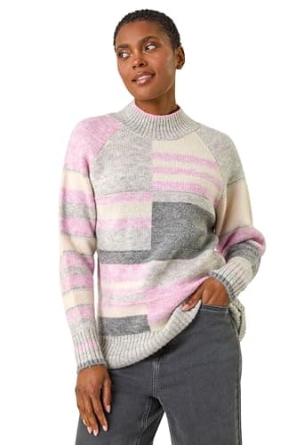 Image of Roman Originals Stripe Colour Block Knitted Jumper for Women UK - Ladies Everyday Autumn Winter Funnel Neckline Comfy Soft Evening Vacation Work Party Night Out - Light Grey - Size 12