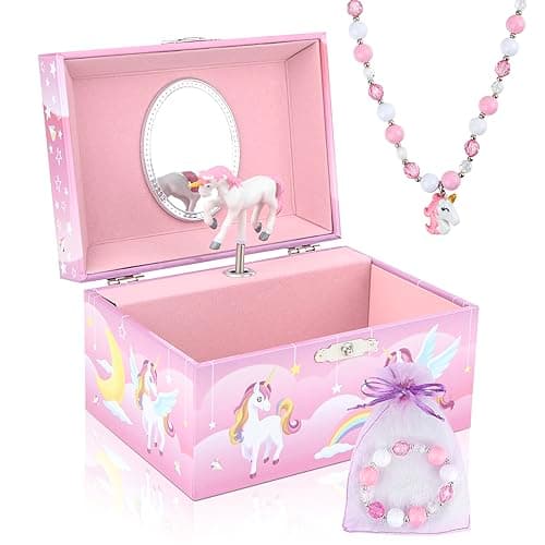 Image of Homtibrm Musical Jewellery Box for Girls with Unicorn Jewelry Set, Kids Jewellery Box Music Box with Rainbow Pony Birthday Gifts for Girls, Over the Rainbow Tune