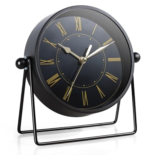 Image of AYRELY® Vintage Black Metal Desk Clock – Battery Operated Table Clock with Adjustable Angle, Silent Mantel Clock for Fireplace, Shelf or Living Room Décor (Black/Gold)