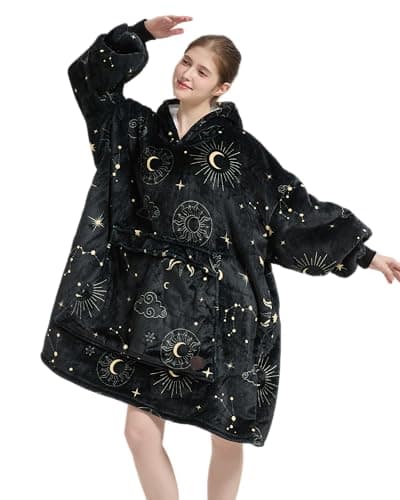 Image of VERTAST Oversized Hoodie Blanket Sweatshirt for Men Women, Sherpa Fleece Wearable Blanket Sweatshirt Warm Home Hoody Gifts for Gamers Sofa Lovers (Black - Star/Moon, Audlt)