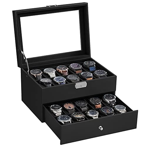 Image of SONGMICS Watch Box, Watch Case with Glass Lid, 2-Tier Watch Display Case, Lockable, 1 Drawer, for Rings, Bracelets, Gift Idea, Black Synthetic Leather, Black Lining JWB020B01