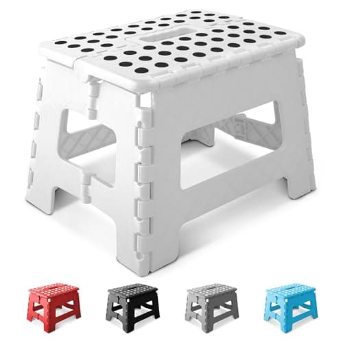 Image of KEPLIN 9 Inch Heavy Duty Folding Step Stool | Non-Slip Foldable Footstool for Toddlers, Children & Adults | Portable, Lightweight Plastic Footstep w/Carrying Handle for Indoor or Outdoor (White)