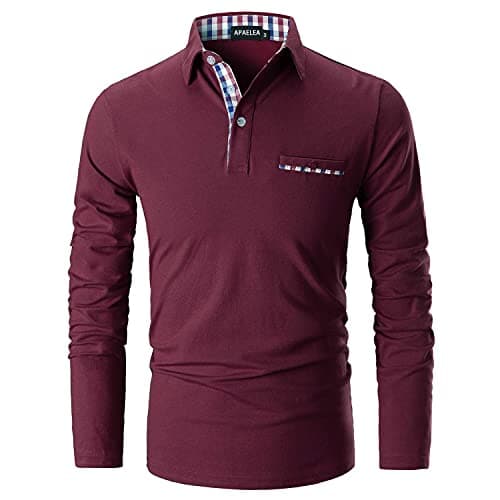 Image of APAELEA Men's Long Sleeve Polo Shirt Casual Rugby Shirts with Plaid Down Collar,Red,XL