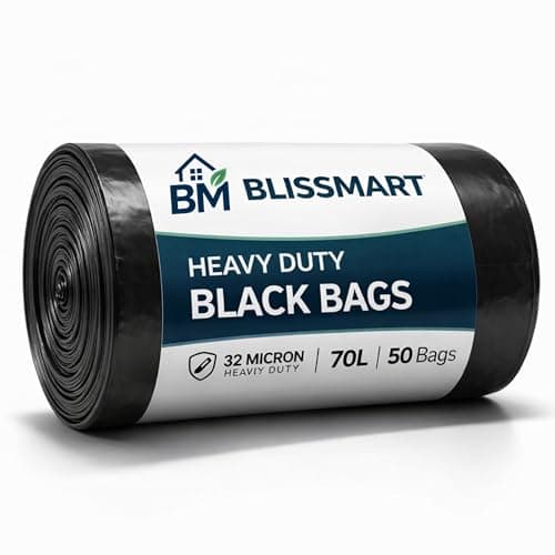 Image of BLISSMART Black Bin Bags Heavy Duty 70 Litre 50 Pack – Strong Kitchen Bin Liners, Black Bags 70L Refuse Sacks for Swing & Pedal Bins, Leak Resistant Rubbish Bags Home Garden Office