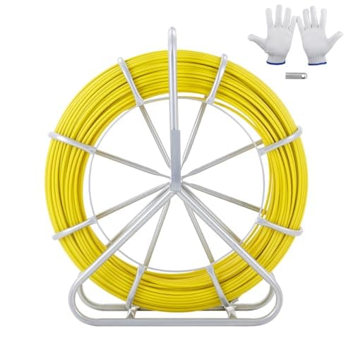 Image of VEVOR Fish Tape Fiberglass, 600 ft, 5/16 in, Duct Rodder Fishtape Wire Puller, Cable Running Rod with Steel Reel Stand, 3 Pulling Heads, Fishing Tools for Walls and Electrical Conduit, Non-Conductive
