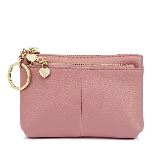 Image of Women Genuine Leather Zip Mini Coin Purse with Key Ring Triple Zipper Card Holder Wallet (Pink)