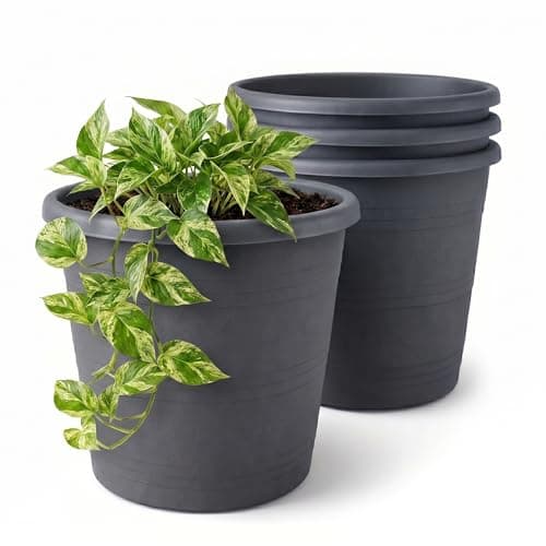 Image of Lizzy 4 Pack Plastic Plant Pots 24cm | Round Flower Pots with Drainage Holes Indoor Outdoor Plant Pots Heavy Duty Garden Planters for Plants Flowers Herbs Stylish Grey Pots