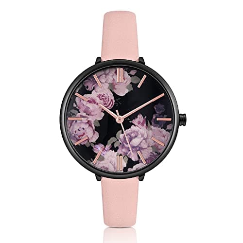 Image of KIMOMT Women Watches Leather Band Luxury Quartz Waterproof Fashion Creative Wristwatch for Women Ladies Girls (Flower-Grey Flower)