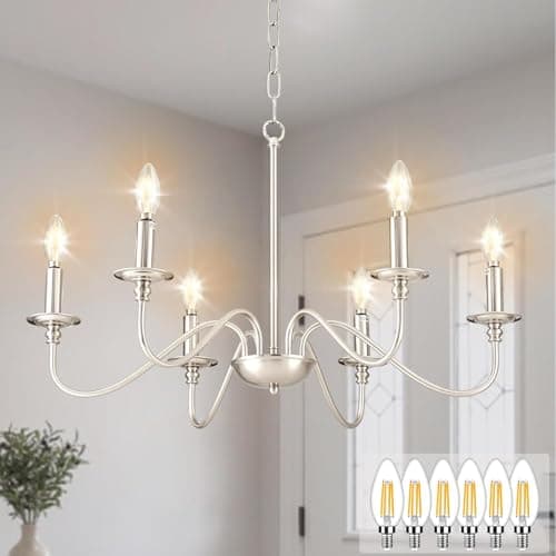 Image of Depuley Nickel Chandelier Light Fixture: 6-Light Modern Farmhouse Dining Room Chandelier with 6 E14 Bulbs - Industrial Pendant Lights Kitchen Island - Vintage Iron Candle Chandeliers for Foyer