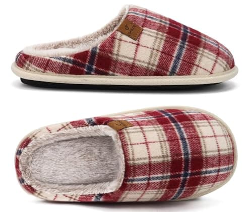 Image of COFACE Mens Red Flano Plaid Memory Foam Mule Slippers Slip On Warm Fluff House Indoor/Outdoor Shoes With Anti-skid Sole Size 6.5