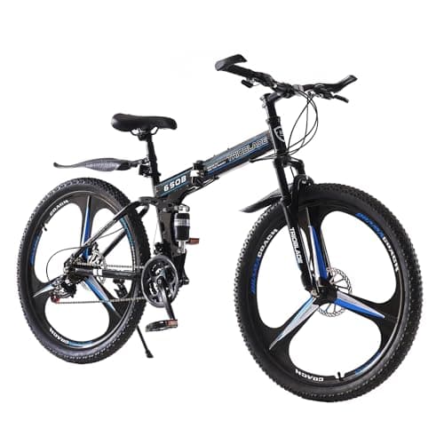Image of BSTSEL 24 26 27.5Inch Adult Folding Mountain Bike, Dual Suspension Mountain Bikes with 3-Spoke Wheel, 21 Speed Mens and Womens Foldable Mountain Bicycle (27.5 inch Black&Blue)