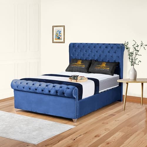 Image of Plush Velvet Arcade Sleigh Upholstered Bed Frame with Tufted Headboard & Footboard | Optional Gas Lift Storage with Optional Mattress (Royal Blue, 6FT Super King No Storage Slat Base With Mattress)
