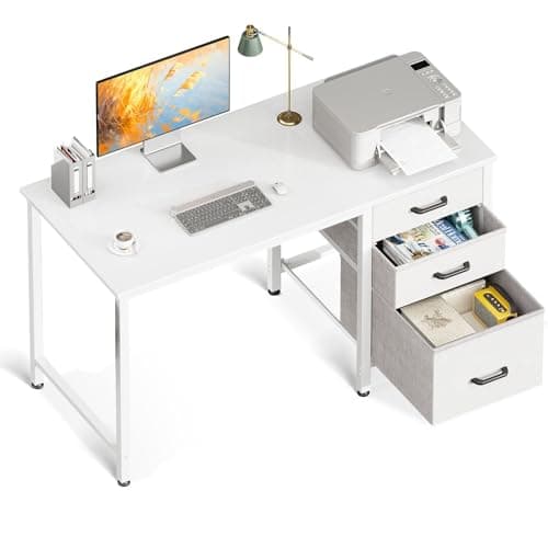 Image of Coleshome Computer Desk with Drawers, 100×48cm Office Desk with Storage, Reversible Small White Desks for Home Office