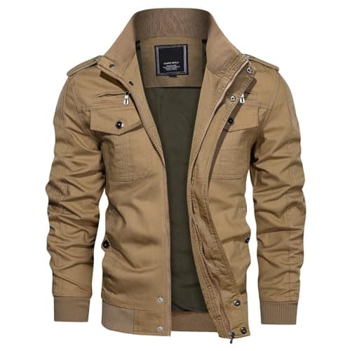 Image of KEFITEVD Bomber Jacket Men Casual Cargo Military Pilot Jacket Cotton Trucker Coat Windbreaker with Pockets,Khaki,3XL