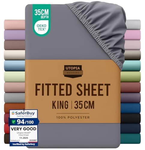 Image of Utopia Bedding Fitted Sheet King, Grey - Deep Pocket 14 inch (35 cm) - Easy Care - OEKO-TEX Certified - Soft Brushed Microfibre Fabric - Shrinkage and Fade Resistant - Bottom Sheet