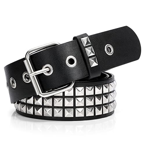 Image of SUOSDEY Women Leather Belt for Jeans Dress Bullet Rivet Belts Women Men Black Studded Gothic Belt Punk Style with Metel Buckle Hip Hop