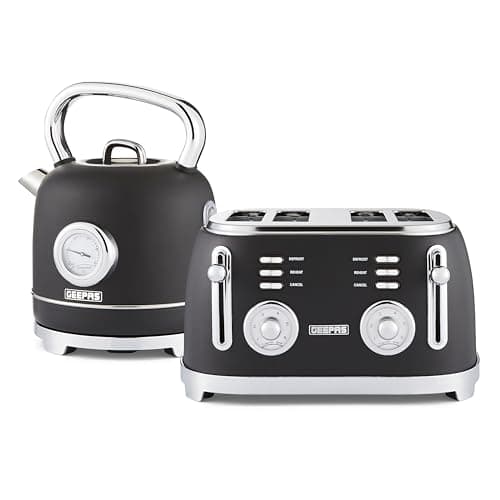 Image of GEEPAS Retrovive 1.8L Electric Kettle & 4 Slice Bread Toaster Kitchen Combo Set | 3000W Vintage Cordless Stainless Steel Kettle Auto Shut-Off, Temperature Gauge | Defrost/Reheat/Cancel 1500W | Black