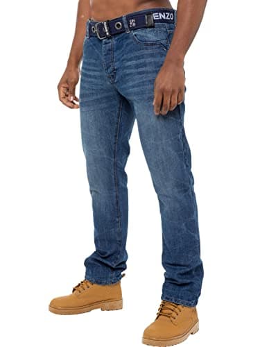 Image of 989Zé ENZO Mens Straight Leg Jeans Trousers Regular Fit Denim Pants Free Belt EZ384 Blue 34W / 32L