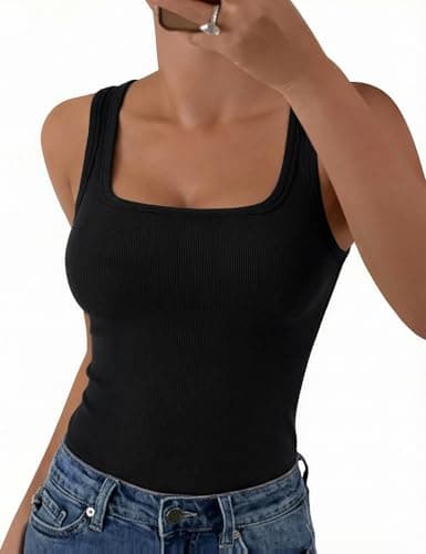 Image of Aottori Vest Tops Women UK Summer Sleeveless Tank Top Ribbed Square Neck Camisole Shirts Ladies Basic Fitted Casual Layering Cami Tunic Black M