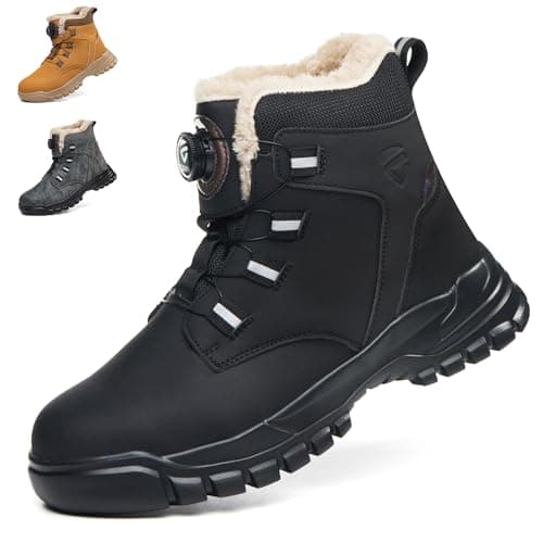 Image of KOIFISH Winter Work Boots Mens Womens Warm Fur Lined No Lace Steel toe Cap Boots Comfortable Anti Slip Lightweight Safety Shoes Black