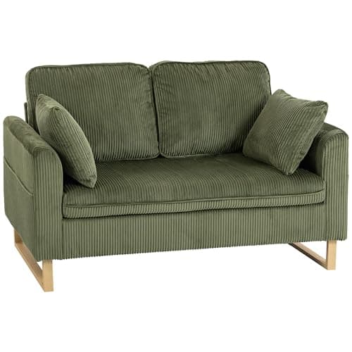 Image of HOMCOM 2 Seater Sofa, 140 cm Corduroy Upholstered Loveseat Sofa with Spring Cushions, Metal Legs, 2 Pillows for Living Room, Bedroom, Home Office, Studio, Dark Green