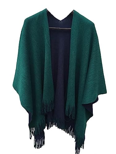 Image of Womens Reversible Knitted Poncho Cape Oversized Christmas Scarf Blanket Shawl Wrap, Green, L