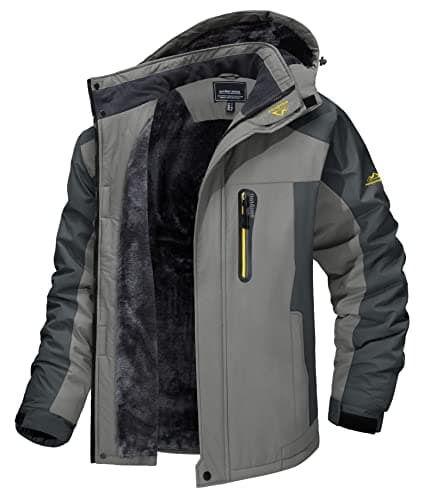 Image of MAGCOMSEN Men's Outdoor Waterproof Jackets Walking Jacket Mens Winter Work Jackets for Men Windproof Warm Coats Mens Parka Jacket Fur Hood Light Grey, S