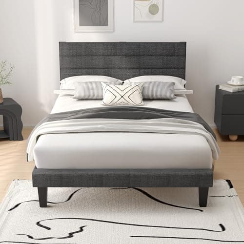 Image of Bonnlo Single Bed Frame, Upholstered Platform Bed with Headboard & Under Bed Storage - Sturdy Wooden Slat Support - No Box Spring Needed, Linen-like Fabric, Light Grey, 90 x 190 cm