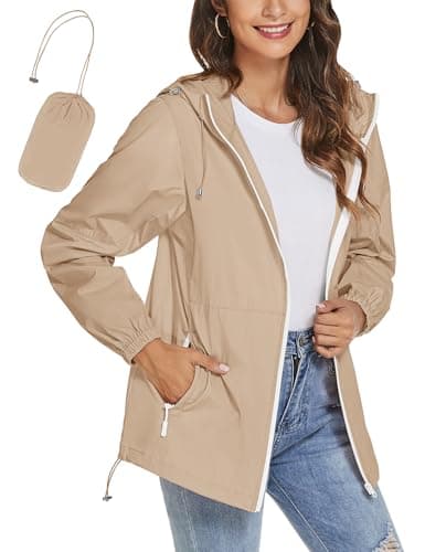 Image of iWoo Waterproof Jackets Women Raincoat Ladies Packaway Lightweight Jackets Summer Hooded Rain Jackets Khaki M