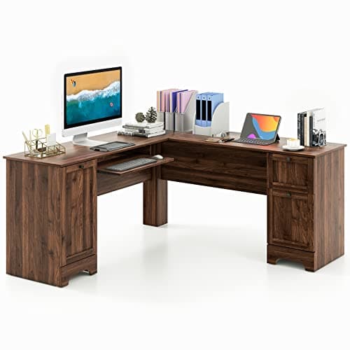 Image of COSTWAY L-Shaped Computer Desk, 170cm Modern Large Corner Desk Writing Study Table with Drawers, Slid-Out Keyboard Tray, Door Cabinet and Adjustable Shelf, PC Laptop Gaming Workstation (Walnut)