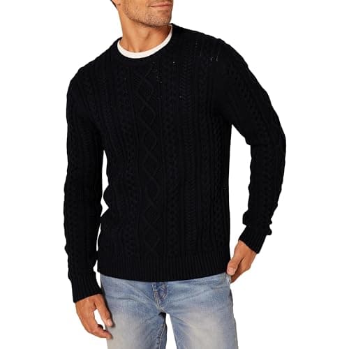 Image of Amazon Essentials Men's Long-Sleeve 100% Cotton Fisherman Cable Crewneck Jumper, Black, L