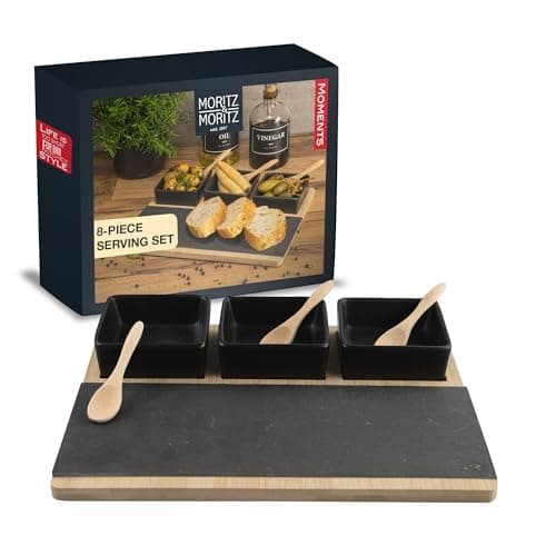 Image of Moritz & Moritz Serving Bowl Set Black incl. Spoon & Serving Board and Slate Plate - Chip and Dip Platter as Tapas Bowls, Dip Bowls, Snack Bowls and Candy Dish