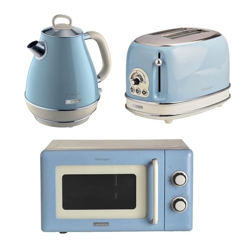 Image of Ariete Vintage Breakfast Set, Retro 2-Slice Toaster with 6 Browning Levels, 2000W Fast-Boil 1.7L Kettle & 800W Microwave, Blue